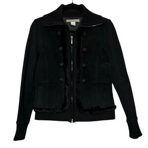 Ingenue Black Leather Suede Rabbit Fur Ribbed Knit Jacket‎ Women’s Size Medium